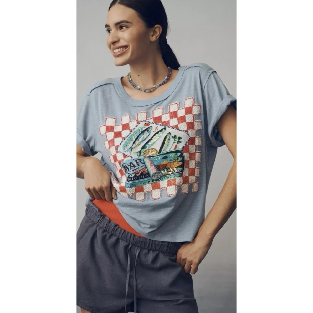 Anthropologie Maeve Sardine Catch of the Day Linen Blend Top XL Oversized EUC